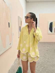 2pcs Asymmetrical Sunflower Embroidery Set, Summer Vacation Outfit Yellow Sheer Embroidered Hem V-Neck Cardigan With Bohemian Style Shorts, Lightweight - Yellow - View 5