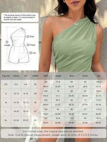 Solid Color One-Shoulder Casual Jumpsuit With Pockets, Suitable For Summer Vacation, Wedding, Outings And Other Occasions, Women's Simple Solid Color Casual Sleeveless Jumpsuit - Bean Green - View 3