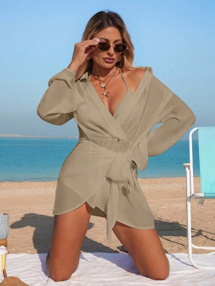 Vestido de playa informal de manga larga con cuello de camisa y corbata para mujer - Caqui - Ver 1