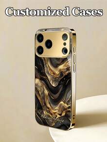 1pc Personalized Custom Text Black Gold Fluid Gilded Marble Pattern Design Electroplated Tempered Glass Phone Case Compatible With IPhone 17 Pro Max/17 AIR/16/15/13/12/11/XS Max/678 Plus, High-End Business Custom, Light Luxury Fashion, Built-In Lens Protector, Holiday Gift, Birthday Present, Couple, Pet, Friend, Classmate, Bestie, Brother, Family, Fashion High-Definition Printed Protective Cover - Gold - View 3