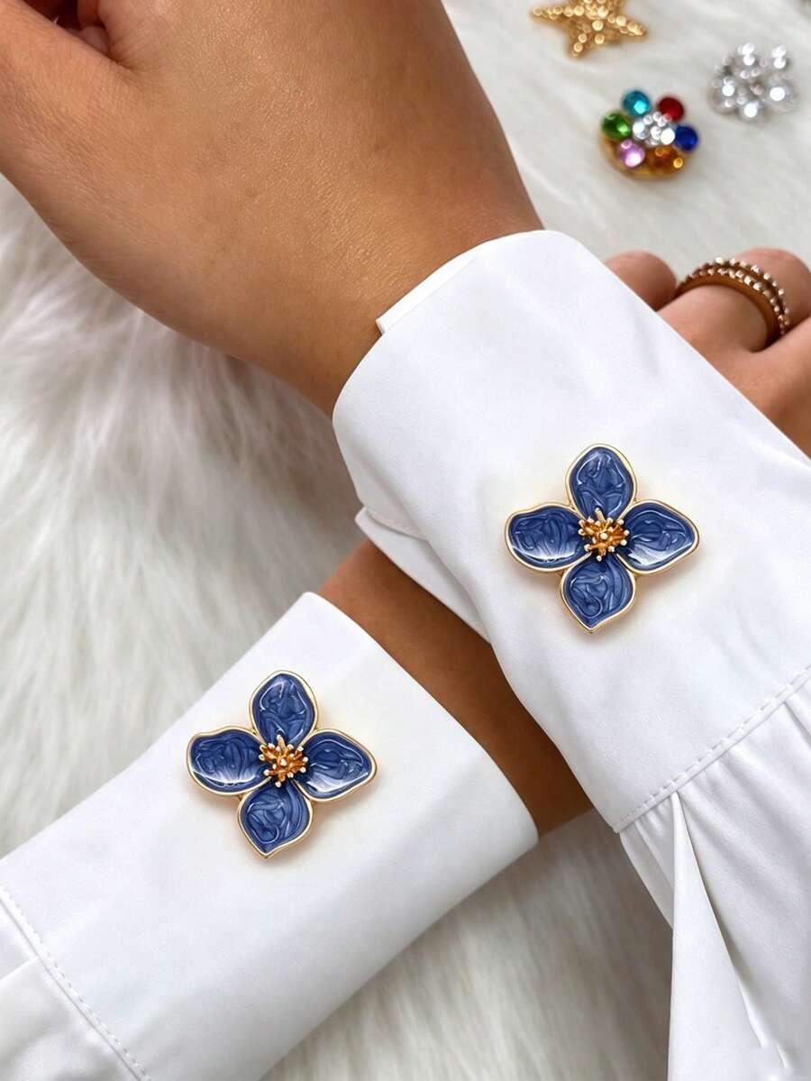 2pcs/Set Elegant Enamel Flower Shaped Women's Cufflinks, Suitable For Shirts, Perfect For Daily And Holiday Wear, Ideal Gift For Friends