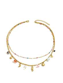 1 pieza Collar multicolor de varias capas, diseñado con colgantes de caballito de mar, estrella de mar, corazón y sol, estilo bohemio elegante - Multicolor - Ver 2