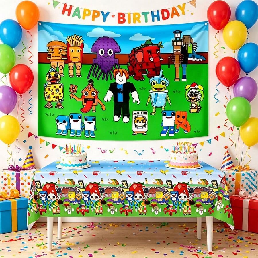Roblox 2pcs Set Fun Tiger Backdrop 100x150cm/Tablecloth 137x274cm, Waterproof PE Material Party Decoration, Suitable For Birthday, Halloween, Graduation, Carnival, Wedding, Baby Shower, Christmas, Easter, Photo Shoot And Festival - Steal a Brainrot Combination - View 1