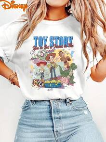 Disney Toy Story Unisex Casual Tee, Full Character Collage & Hand Signature Print, Versatile Top For Daily Leisure And Dating - 白色 - 查看 2