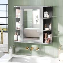 Wall Mounted Mirror Bathroom Medicine Cabinet With Adjustable Open Storage Shelves, Bathroom Wall Organizer Cabinet With Mirror Door & 6 Customizable Shelves - Grey - View 2