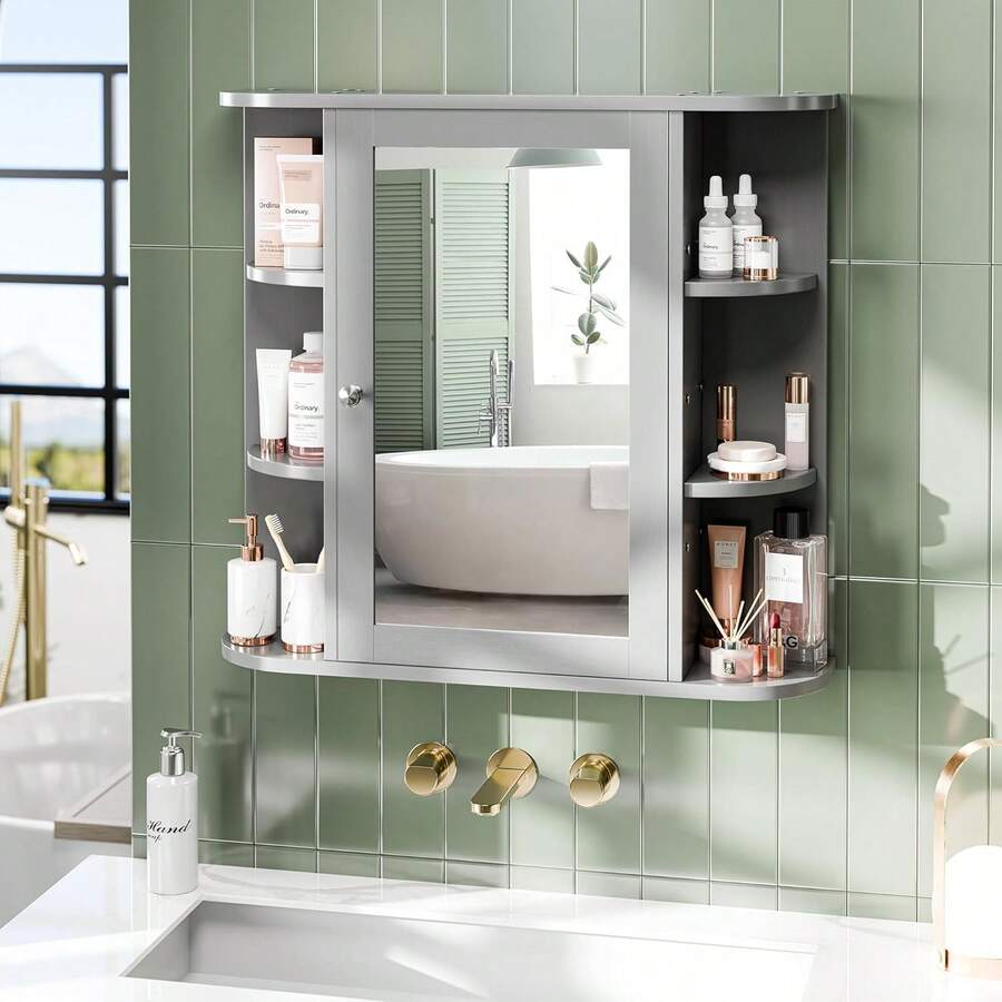 Wall Mounted Mirror Bathroom Medicine Cabinet With Adjustable Open Storage Shelves, Bathroom Wall Organizer Cabinet With Mirror Door & 6 Customizable Shelves