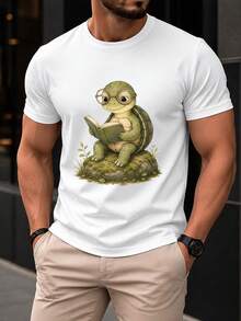 1 Camiseta Casual para Hombre con Estampado de Tortuga Leyendo, Diseño de Cuello Redondo y Manga Corta,últiples Tallas Disponibles, Camiseta Cómoda para Uso Diario, Perfecta para Actividad - Blanco - Ver 1