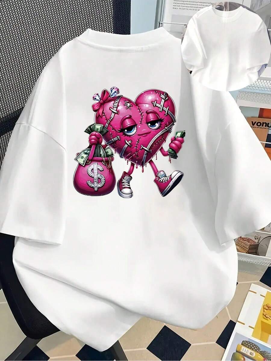 Camiseta Casual con Estampado de Corazón y Billetes Top de Verano para Mujer - Blanco - Ver 1