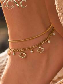 2pcs/Set 18K Gold Plated 2026 New Style Women's Elegant Versatile Minimalist Full Rhinestone Tassel Flower Pendant Anklet, Suitable For Daily Wear/Summer Beach Party/Vacation/Mother's Day/Valentine's Day Gift - Gold - View 2
