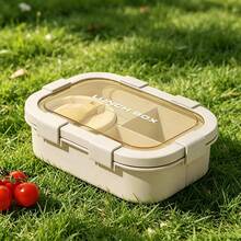 Multi-Compartment Leak-Proof Fresh-Keeping Box With Utensils, Portable Bento Box For Outdoor Picnic, Beige, 1000ml Capacity - Multicolor - View 8