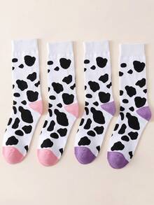 2 paires de chaussettes mi-mollet unisexes à base blanche avec contraste rose & violet, imprimé vache, respectueuses de la peau, respirantes, style mignon, convenant pour la maison, le port quotidien et les cadeaux - Multicolore - Voir 3
