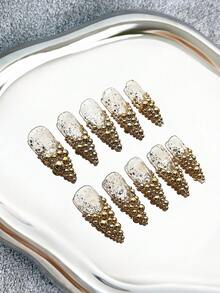 Y2K French Minimalist Luxury 33mm Long Pointed Handmade Press-On Nails, Gold Half-Round Bead Inlay, Glitter Base, Handmade, Exquisite, Creative, Versatile, Personalized, Elegant, Gift, Suitable For Wedding, Party, Outdoor, Beach, Daily, Holiday, Gathering, Work And Special Occasions - 10pcs/Bag - 彩色 - 查看 1