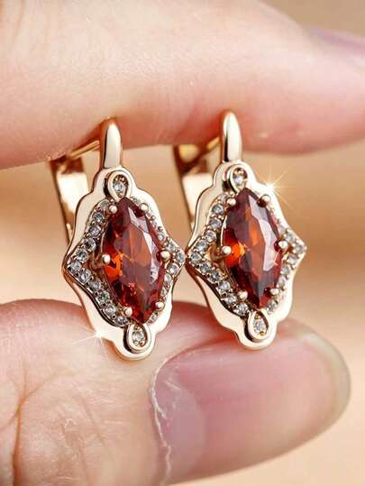 1 Pair Of Luxurious Classic Red Marquee Zirconia Earrings With Imperial Pattern Elegant Women's Versatile Accessories Christmas Gift