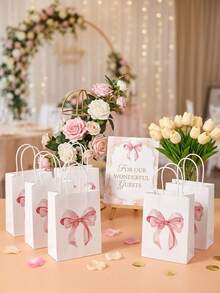 10er Pack rosa Schleifen-Geschenktüten + Aufbewahrungstasche, beliebte Geschenktüten für Geburtstag, Hochzeit, Thanksgiving und Weihnachten, niedliche Kraft-Papiertüten mit Griff, vielseitige Geschenkverpackung für Süßigkeiten und kleine Geschenke, Party-Mitbringsel-Papiertragetaschen - bogenförmiger Verpackungsbeutel - Übersicht 6