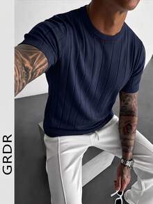 Suéter casual de punto acanalado de cuello redondo de manga corta de unicolor para hombres GRDR - Azul Marino - Ver 11