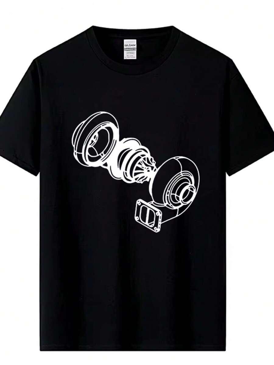 Men's Cotton T-Shirt, Schematic Drawing Print Of An Automotive Turbine, T-Shirt For Mechanics And Tuning Enthusiasts - Black - View 1