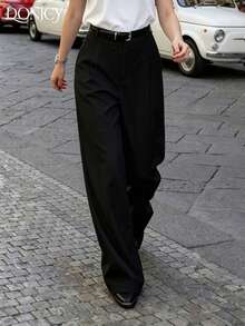 Pantalones de pierna ancha con pliegues de cintura alta - Pantalones largos elegantes de mujer en blanco de ajuste ceñido, moldeadores y fluidos, adecuados para Pascua - Negro - Ver 4