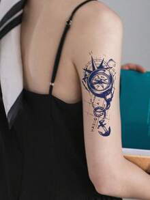 1pc Blue-Toned Hand-Drawn Nautical Style Compass Anchor Map Combination Pattern Tattoo Sticker, Temporary Tattoo Sticker, Realistic Tattoo Design, Suitable For Travel, Music Festivals, Games, Graduation Gifts, For 3-5 Days - Multicolor - View 3