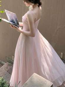 Spring/Summer New Baby Pink Ruffle Bustier Dress, Slim Fit A-Line Fairy Style Beach Outfit Wedding Party - Baby Pink - View 3