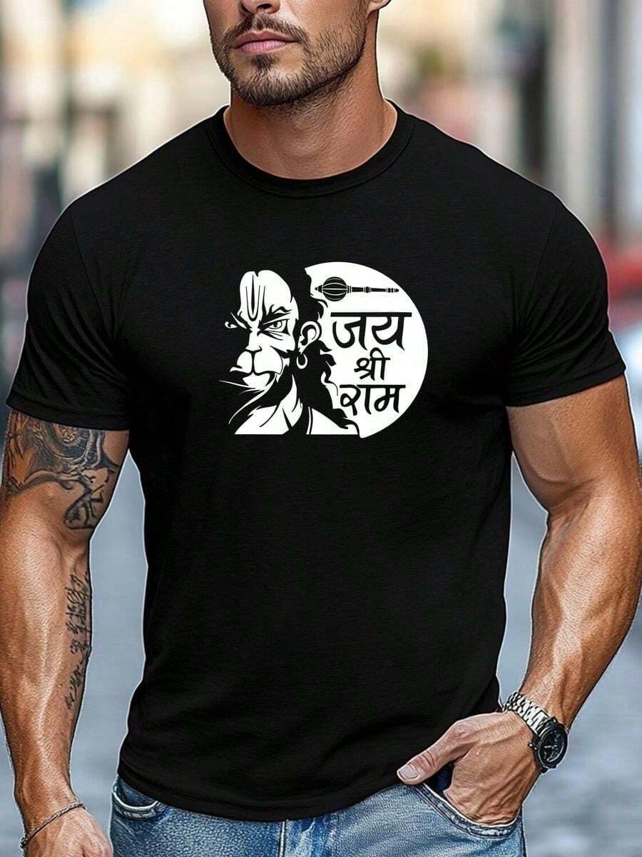 Men's Casual Short-Sleeved T-Shirt With Hanuman God Design And Hindi Text, Spiritual And Cultural Style, Comfortable And Loose Fit, Ideal For Those Who Appreciate Hindu Culture. - 黑色 - 查看 1