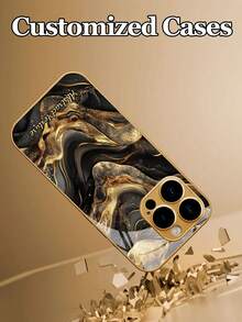 1pc Personalized Custom Text Black Gold Fluid Gilded Marble Pattern Design Electroplated Tempered Glass Phone Case Compatible With IPhone 17 Pro Max/17 AIR/16/15/13/12/11/XS Max/678 Plus, High-End Business Custom, Light Luxury Fashion, Built-In Lens Protector, Holiday Gift, Birthday Present, Couple, Pet, Friend, Classmate, Bestie, Brother, Family, Fashion High-Definition Printed Protective Cover - Gold - View 4