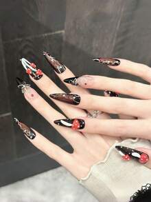 10pcs Handmade Long Pointed Slim Press-On Nail Tips, Black Acrylic Nails, 3D Mushroom Flower Nail Art, Gemstone Bow Rhinestone Decor, Luxury Summer Party Daily Date Vacation Outfit DIY Nails, Women Girls Gift Nail Supplies - Multicolor - View 3