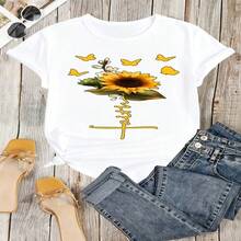 Sunflower Faith Cross Graphic T-Shirt, 100% Cotton Oversized Soft Breathable Casual Crewneck Short Sleeve Top, Summer Vibes Aesthetic Tee For Women & Nature Lovers - 白色 - 查看 18