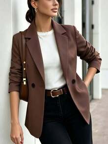 Women's Brown Polyester Long Sleeve Lapel Button Blazer, Regular Length Non-Stretch Coat For Classy Fall And Winter Outfits - Brown - View 4