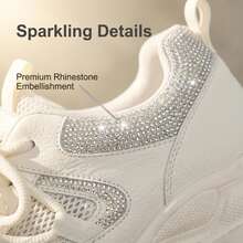 35-40 Size Rhinestone Decorated Mesh Thick Sole Solid Color Sports Lace-Up Commuter Chunky Sneakers Outdoor All Season Rhinestone Height Increasing - White - View 8
