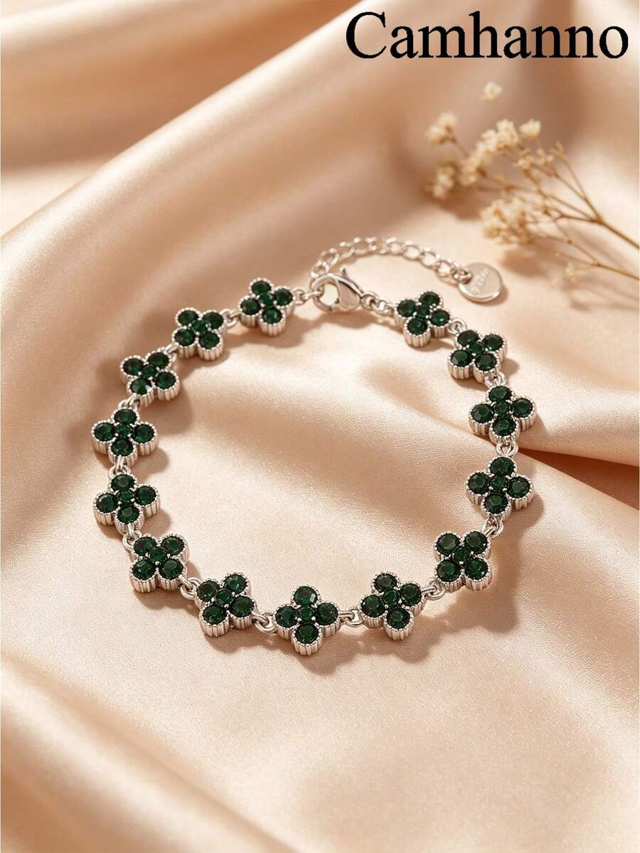 Camhanno 1件歐美奢華風不鏽鋼18K鍍金四葉草水鑽手鍊，多色水鑽可選，不褪色，精緻細鏈，百搭女款通勤飾品，送閨蜜禮物，日常配件 - 銀色1 - 查看 1