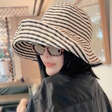女款復古條紋寬簷水桶帽，可折疊百搭休閒遮陽帽，戶外防曬帽 - A - 查看 7