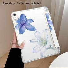 Blue And White Lily Pattern, Painted Effect Acrylic Crystal Tablet Protective Case, With Stand, Compatible With Samsung/Apple/Honor/ And Other Popular Models, Foldable And Anti-Bend, Silicone Reinforced Corners, Auto Wake/Sleep Function, Built-In Pen Slot, Multi-Angle Foldable Stand - - Style 14 - View 1