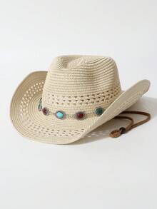 1 pieza Sombrero de paja hueco con decoración de cadena de circonita para mujer, Fedora, sombrero de vaquero occidental, sombrero Panamá transpirable con protección solar para primavera/verano, adecuado para fotografía de viajes, uso diario, fiestas, eventos de temática occidental, reuniones, cosplay, ceremonia de graduación, mascarada, festivales, celebraciones de cumpleaños, conciertos, senderismo al aire libre y camping - sombrero de copa - Ver 2