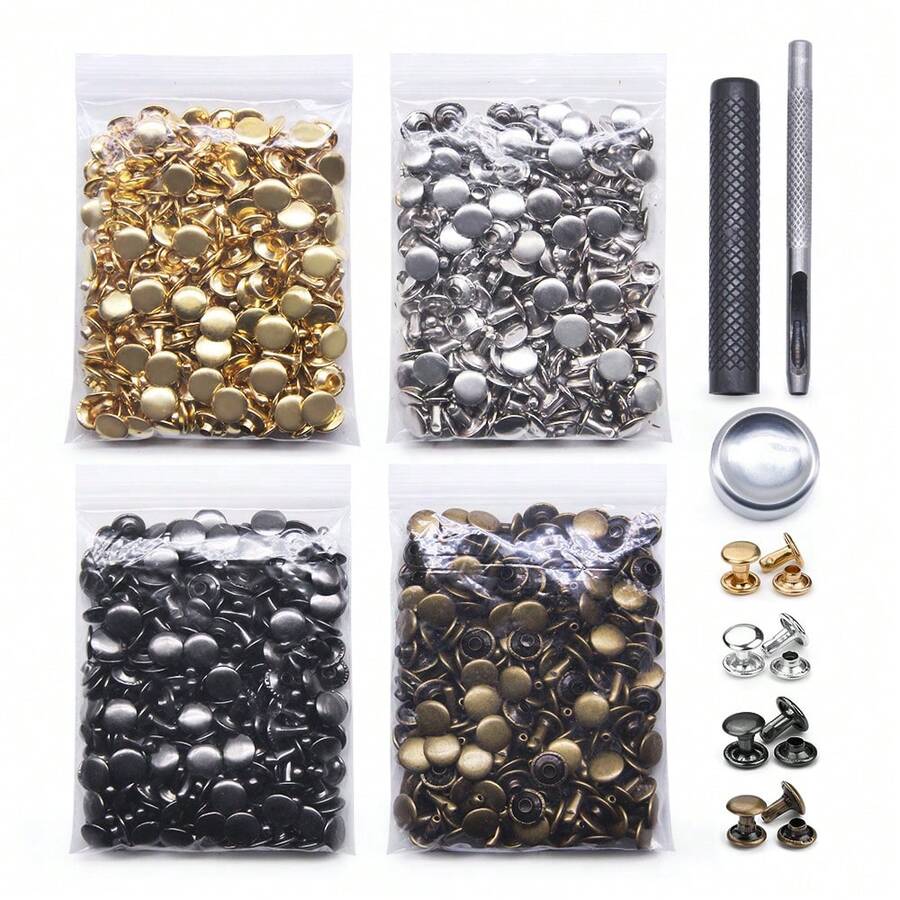 400件皮革鉚釘，雙帽管狀鉚釘 4色金屬鉚釘，含固定工具，適用於DIY皮革手工/衣物/鞋子/包包/皮帶維修與裝飾 - 9x10毫米 - 查看 1