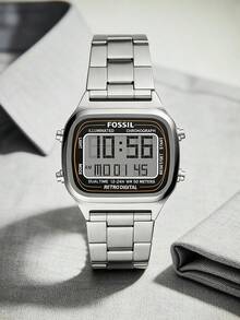 FOSSIL Men's Multifunction Quartz Watch. Men's Chronograph Stopwatch With Date Display And Alarm Function, Square Dial. Stainless Steel Band. LCD Display. - Silver - View 1