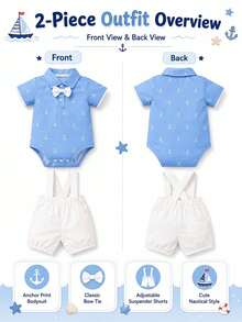 H HIBOBI 2pcs/Set Toddler Boys Navy Style Gentleman Casual Short Sleeve T-Shirt And Bib Shorts Set, Spring/Summer - Baby Blue - View 2