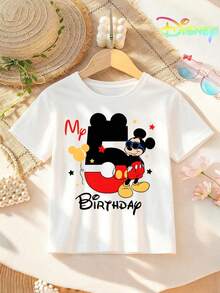 Disney Unisex Boys Girls 2-14Y Mickey Mouse No.5 Birthday Star & Balloon Print Tee Shorts Set, Birthday Party Outfit, Express Delivery - 白衣黑褲 - 查看 2