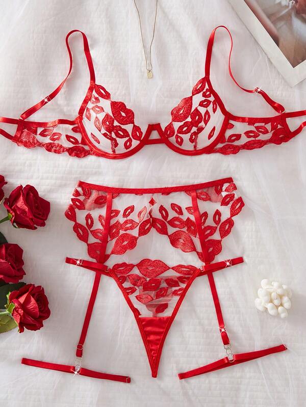 Valentine's Day Women's Sexy Lingerie Sexy Romantic - French Sexy Set Bra Embroidery Sheer Women's Sexy Lingerie Set Triangle Panties