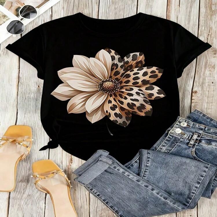 Floral Leopard Print Graphic T-Shirt, 100% Cotton Oversized Soft Breathable Casual Crewneck Short Sleeve Top, Summer Vibes Aesthetic Streetwear Tee For Women & Nature Lovers - 黑色 - 查看 18