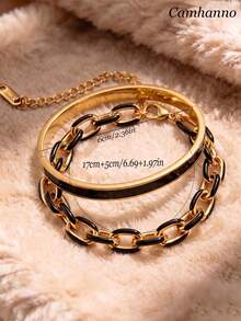 Camhanno 2pcs French Oil Drip Stainless Steel 18K Gold Plated Bracelet & Bangle Set, Multicolor Enamel Options, Hypoallergenic & Non-Fading, Niche Luxury Layered Design, Versatile Women's Jewelry For Daily Commute And Dating - Gold 3 - View 5