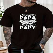 Men's Casual Short-Sleeved T-Shirt With The French Phrase "A Super Dad Always Becomes A Super Grandpa," A Family-Oriented And Emotional Style, Comfortable And Loose-Fitting, Ideal For Gifts. - 黑色 - 查看 2