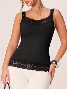 Tank Top Model French Wave Lace Trim Hem Splicing, Ribbed Slim Fit, Polos Minimalis Serbaguna untuk di Rumah dan Perjalanan - Hitam - View 4