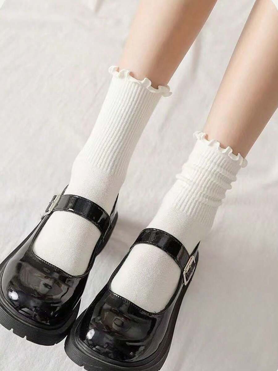 1/3/5雙女款中筒襪,黑色與白色,可愛捲邊荷葉邊飾,JK蘿莉塔風,四季皆宜中筒襪 - 白色 - 查看 1