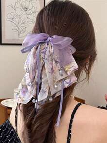 1pc Multi-Layer Purple Floral Chiffon Bow Ponytail Clip With Flowing Sweet Ribbon Hair Accessory For Women Beach Claw Clips Vacay Hair Clips - Purple - View 5