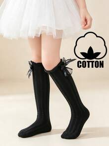 1雙純棉蝴蝶結女童襪子 可愛兒童中筒襪 春夏秋季女童荷葉邊公主襪 - 黑色 - 查看 9