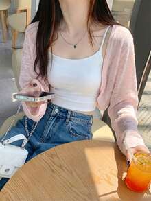 女款輕量披肩罩衫，開襟短版針織上衣，春夏薄款波羅羅毛衣，粉紅色 - 粉色 - 查看 5