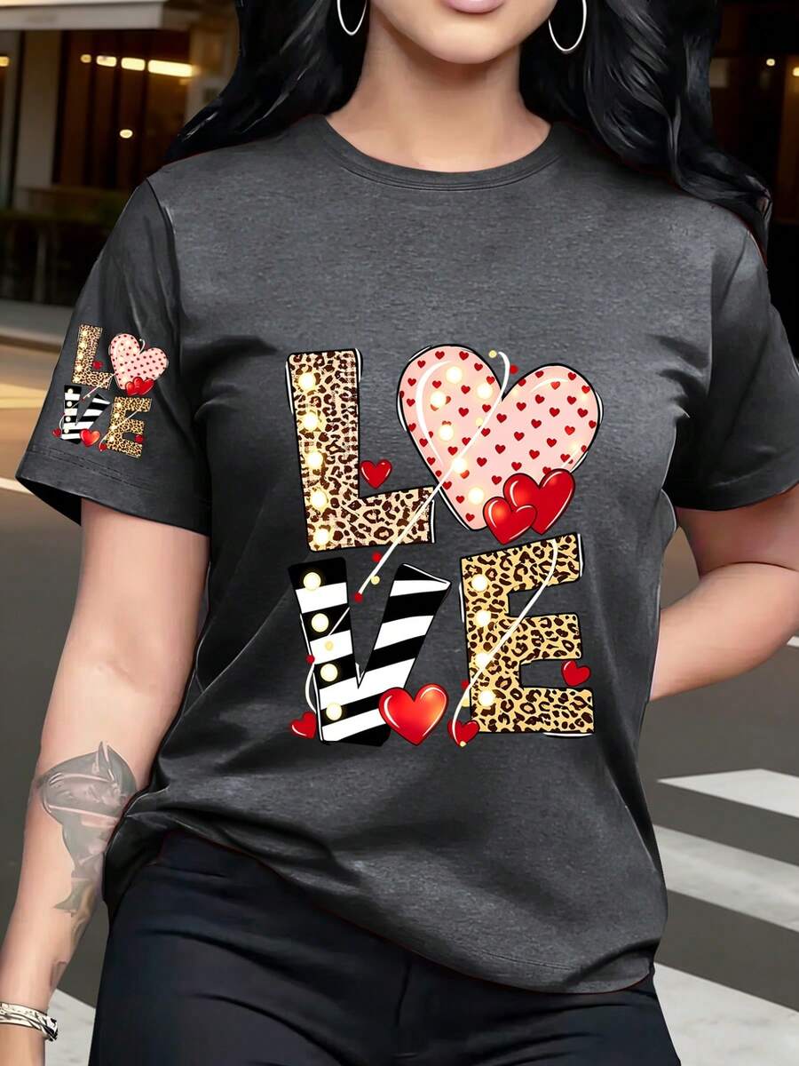 1 Loose-Fitting T-Shirt With Heart And Leopard Print, Modern And Eye-Catching Design, Comfortable And Versatile Style, New Y2K Summer Style. - Dark Grey - View 1