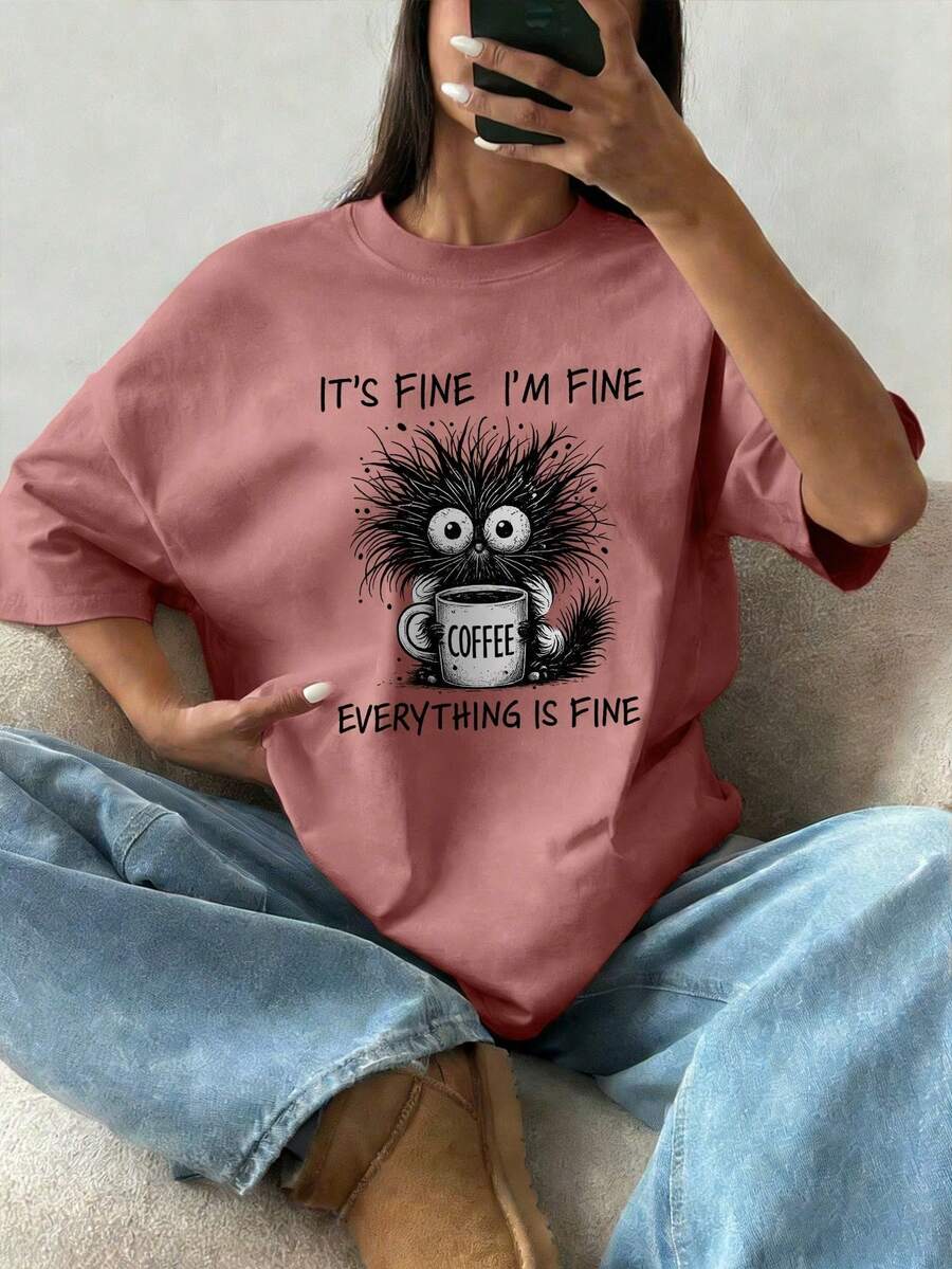 Women's Short-Sleeved T-Shirt With A Round Neck And Simple Slogan Print, Casual Summer Style, Loose Fit, Ideal For Everyday Wear And Holidays. Women's T-Shirt. Black - 中紫紅色 - 查看 1