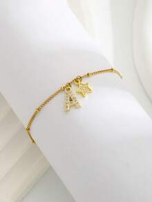 1Pc Pretty Delicate Star Initial Letter Charm Bracelet For Boys And Girls Popular Fashion Jewelry For Summer Trip And Family Dinner Best Gifts - Gold - View 3