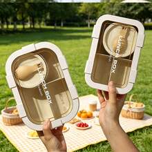 Multi-Compartment Leak-Proof Fresh-Keeping Box With Utensils, Portable Bento Box For Outdoor Picnic, Beige, 1000ml Capacity - Multicolor - View 2